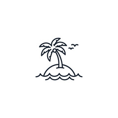 Obraz premium A minimalist tropical island vector illustration featuring a palm tree silhouette against a summer sunset sky over the paradise ocean beach and calm sea water