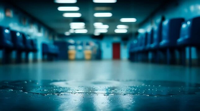 Eerie Empty School Hallway with Wet Floor - Atmospheric Image for Mystery Suspense and Dark Academia Concepts