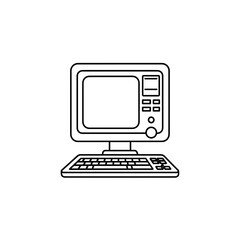 Fototapeta premium Flat vector illustration of a modern desktop computer with an LCD monitor, keyboard, and mouse on an office desk for business network communication technology