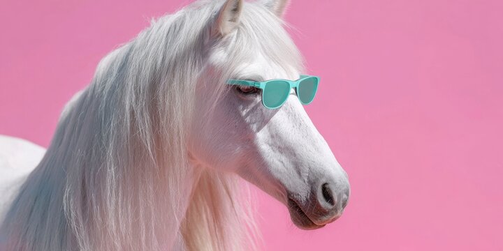a closeup of a white horse with a long, grey mane, wearing turquoise sunglasses against a vibrant pink background.