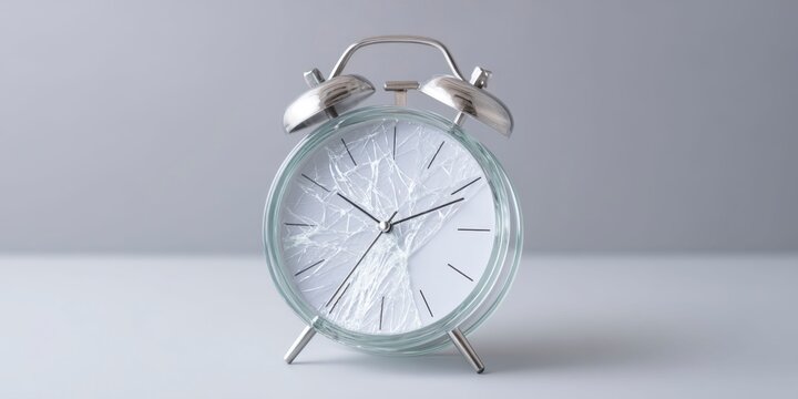 triangular alarm clock made of glass with its face cracked, on a light grey background
