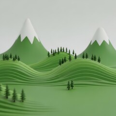 Fototapeta premium 3d illustration of green hills and mountains with trees and white snow capped peaks