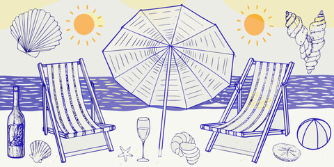 A beach scene featuring a parasol chairs and seaside elements © Lalin