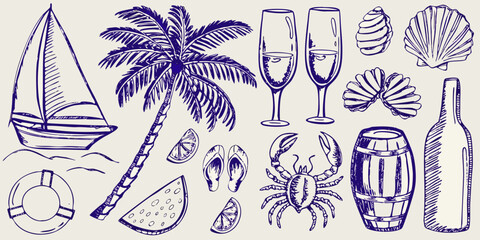 A collection of hand drawn summer vacation and beach themed elements © Lalin