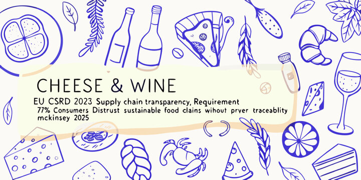 A colorful illustration depicting cheese wine and various food items