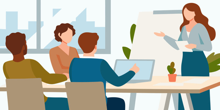 A woman presents to a small group of people in a modern office setting