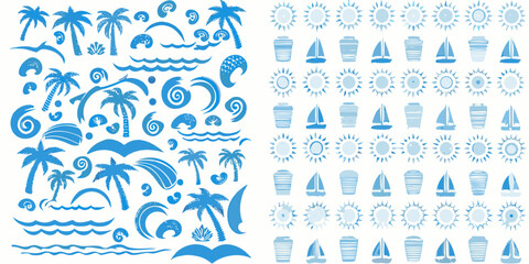 Blue and white nautical themed pattern with palm trees waves and boats © Lalin