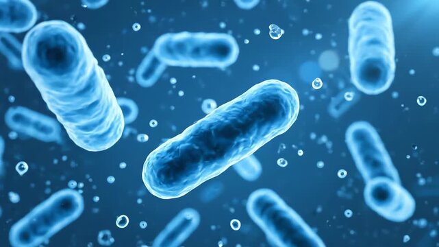 microscopic blue bacteria and microorganisms floating in a liquid environment perfect for illustrating biological science and medical research