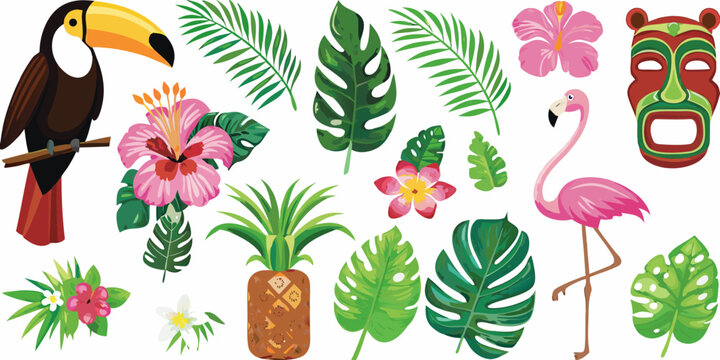 Tropical illustration featuring a toucan flamingo and various foliage