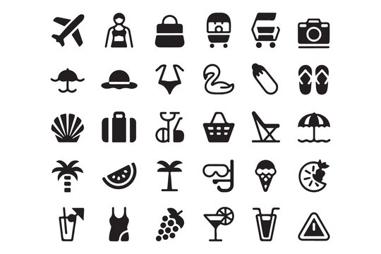 Solid Summer Vacation and Travel Icon Set - Silhouette Symbols for Beach, Tourism, and Holiday Activities