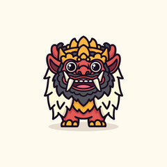 Obraz premium A cartoon creature with a ferocious expression and intricate designs, including sharp teeth, a mane, and decorative headgear, against a cream background