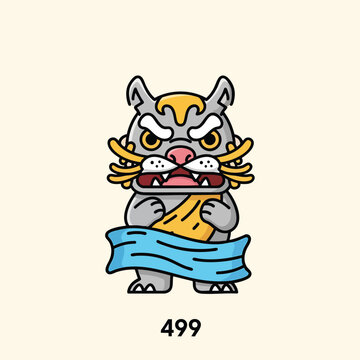 A cartoon creature with a fierce expression, sharp teeth, and detailed features, holding a blue ribbon. The number 499 is below it