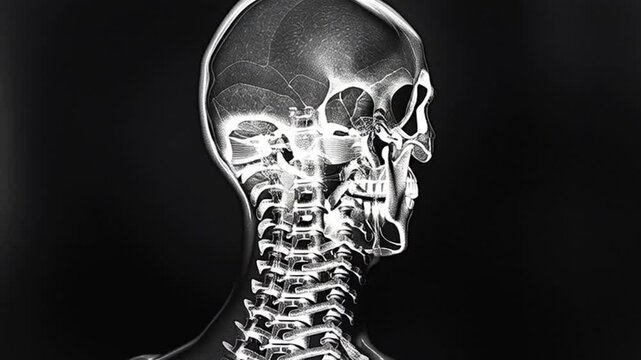 Medical animation showing a detailed 3d computed tomography scan of a human head and neck, with the skull and cervical vertebrae rotating for diagnostic examination and anatomical study