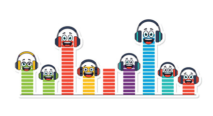 Naklejka premium Cute cartoon characters with headphones on top of colorful sound equalizer bars, representing music and audio