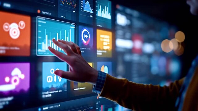 Male data analyst tapping on a futuristic touchscreen interface, managing business intelligence charts and graphs in a modern, dark control room for advanced statistical analysis and monitoring