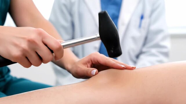 Doctor checking knee reflex with hammer, medical examination.
