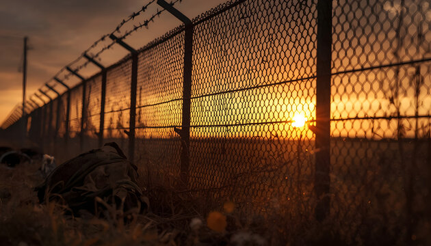 Abandoned backpack near border fence at sunset