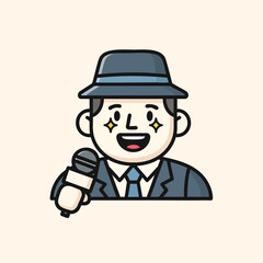 Obraz premium A cartoon character of a person in a suit, tie, fedora, holding a microphone. His eyes have twinkle and he's smiling widely