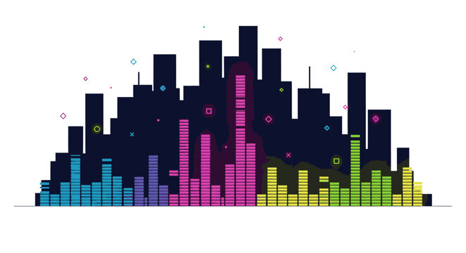 Dynamic cityscape silhouette with vibrant, colorful audio equalizer bars representing music, sound waves, urban nightlife, and a lively party atmosphere. Abstract modern design.