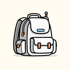 Obraz premium A cartoon backpack, white with black outlines, pockets, and orange accents, sitting on a pale yellow background. It has a small handle and a top detail