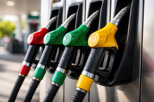 Row of gasoline pump nozzles in different colors at a modern fuel station. Concept of energy supply, transportation fuel options, and automotive refueling infrastructure.