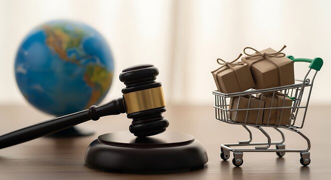 Wooden gavel & cart with parcels near globe, suggesting global trade legalities