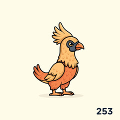 Fototapeta premium A cartoon bird, standing proudly on a plain background, features vibrant orange and yellow hues, with a black eye mask. Number 253 at the bottom