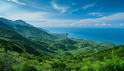 Breathtaking coastal landscape view showing mountains, lush greenery, and a tranquil sea under a clear blue sky