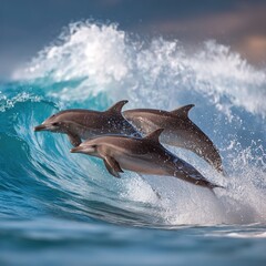 Fototapeta premium Dolphins jumping out of ocean wave, marine life, aquatic mammals