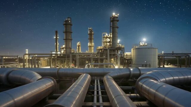 Industrial oil refinery complex at night under starry sky. Wide shot with forward camera movement.