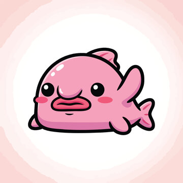 A cartoon blob fish illustration with a pink body and black outlines on a white background with a pink abstract watercolor design