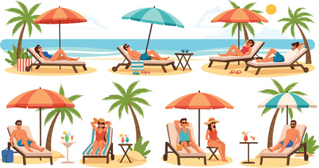 Summer Beach Relaxation Scene Vector Collection Featuring People Sunbathing on Lounge Chairs Under Umbrellas with Palm Trees Ocean Vacation Lifestyle Illustrations