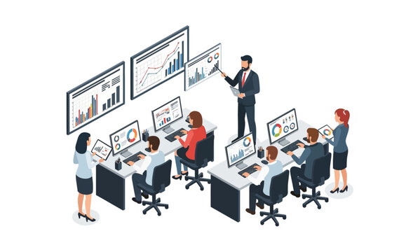 Isometric illustration of a business team analyzing data and charts in an office setting.