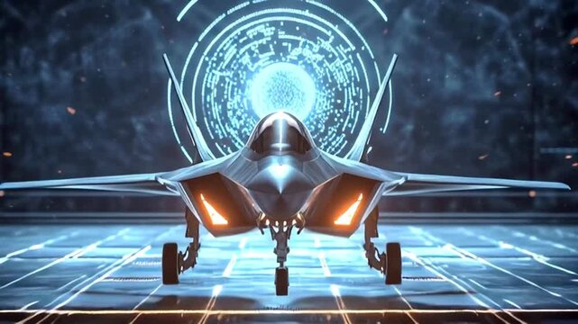 Advanced fighter jet aircraft preparing for a mission on a futuristic, glowing runway inside a high tech hangar, representing concepts of future warfare, advanced military technology, and aviation
