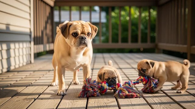 Puggle mother lowers her head to sniff the floor while her two puppies play with a toy on the deck
