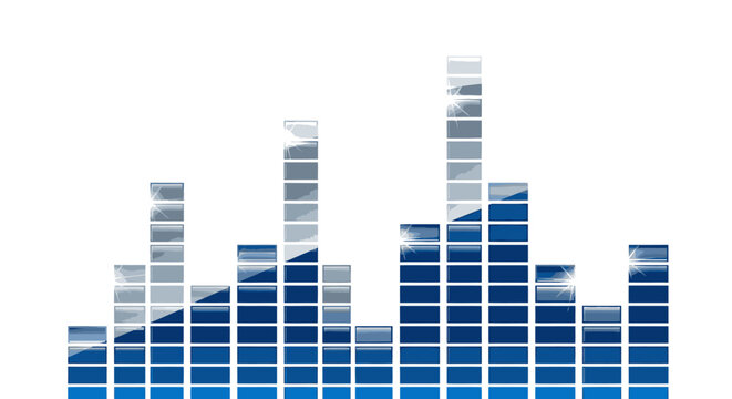Digital equalizer graphic with blue bars and subtle cloud reflection, representing audio, sound, music, and technology