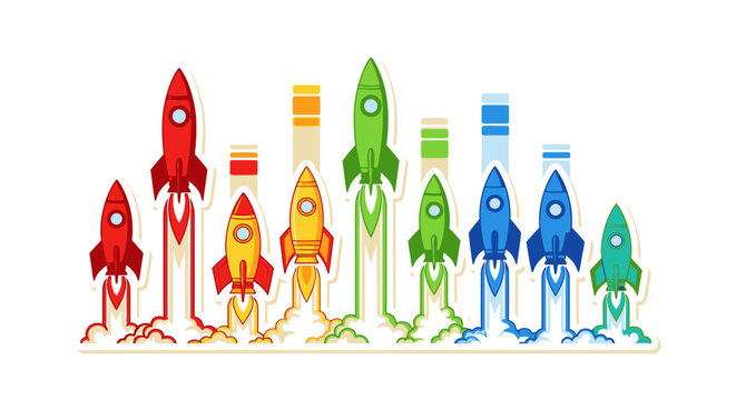 Vibrant pixel art rockets launching with colorful trails, symbolizing business startup success, project development, innovation, and rapid growth.