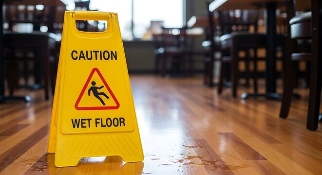 Yellow "Caution Wet Floor" sign on a wooden floor in a restaurant interior