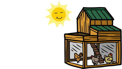 Hand-Drawn Wooden Chicken Coop with Hens and Smiling Sun Illustration © dd qwerty
