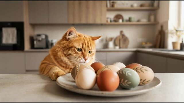A ginger cat tries to steal an Easter egg from a plate with its paw on a table at home, playful pet moment, cozy lifestyle scene, holiday preparation, Easter celebration