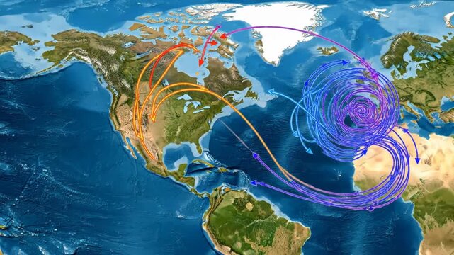 Global Air Currents and Weather Patterns Visualized on Earth Map.