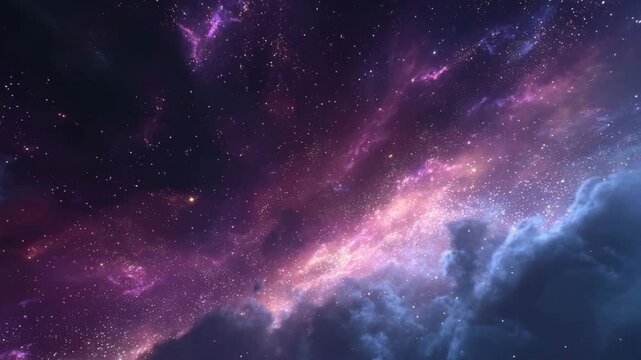 Vibrant purple and pink nebula in a starry night sky with clouds