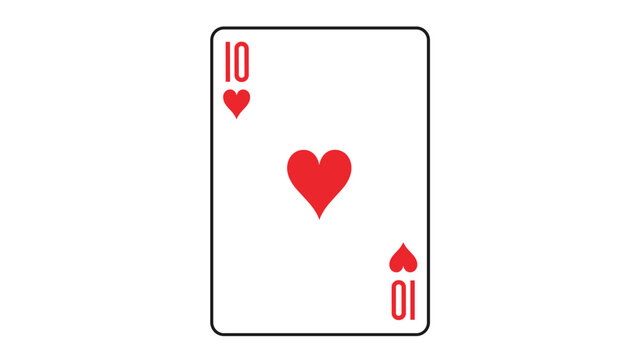 Standard ten of hearts playing card from a traditional deck featuring bright red heart symbols and the number ten in opposite corners on white.