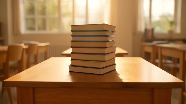 Stack of Books on Wooden Desk in Sunlit Empty Classroom
