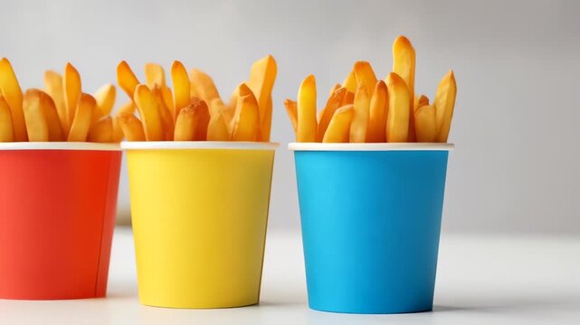 Row of Fresh Crispy French Fries in Primary Color Paper Cups