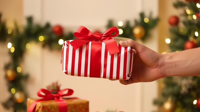 Hand Selecting a Striped Christmas Gift from a Decorative Stack