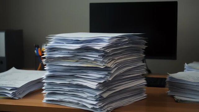 Tall Stack of Paperwork on an Office Desk with Falling Sheet