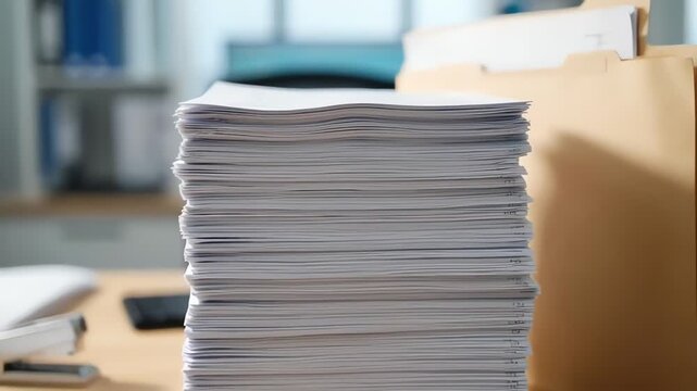 Massive stack of paperwork on a wooden office desk