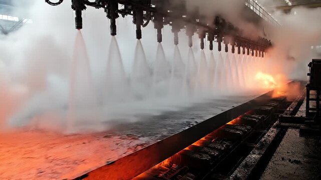 Steel sheet moves forward under cooling water spray in industrial setting during a production process