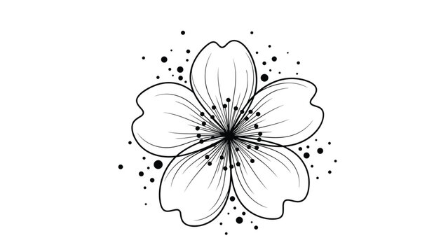 Artistic black and white line drawing of a cherry blossom flower surrounded by delicate dots on a white background.